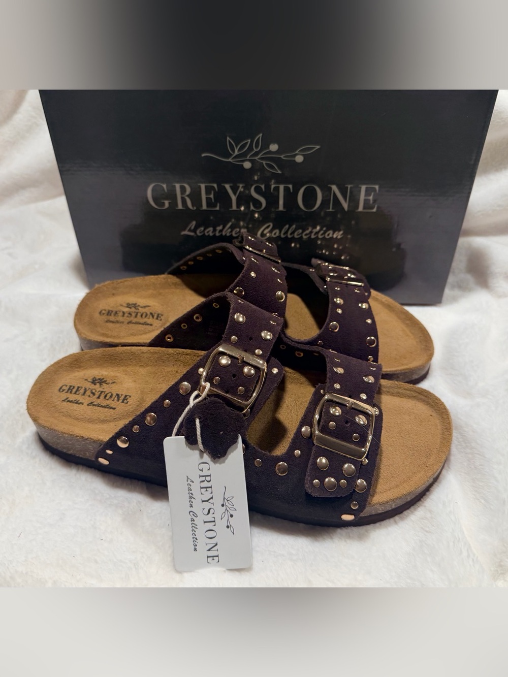 NIB Greystone Leather Collection Fanna Chocolate Brown Suede Studded Sandals S8